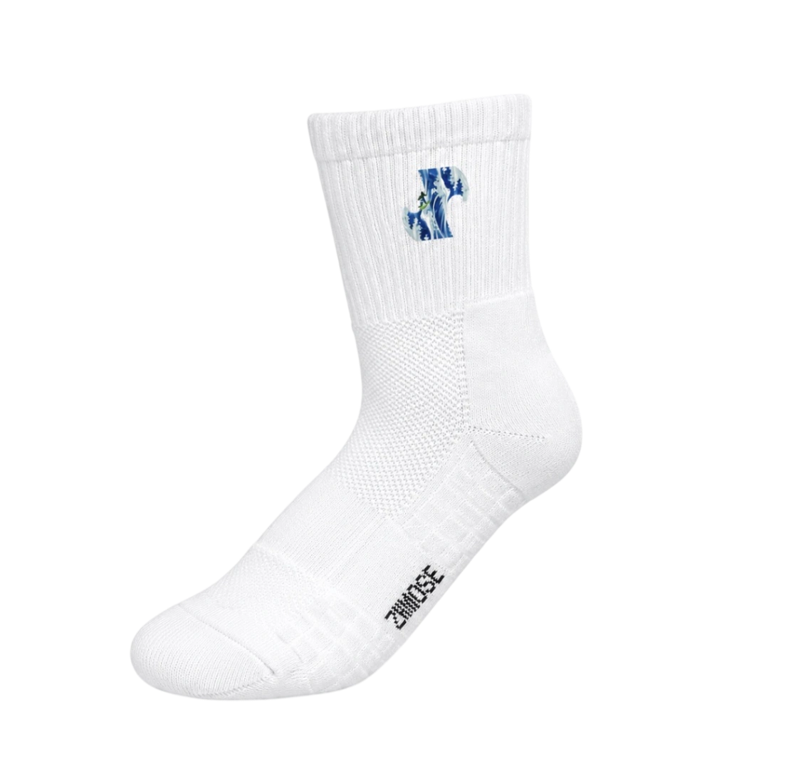 Page Wave white crew sock with the Page Wave wave logo